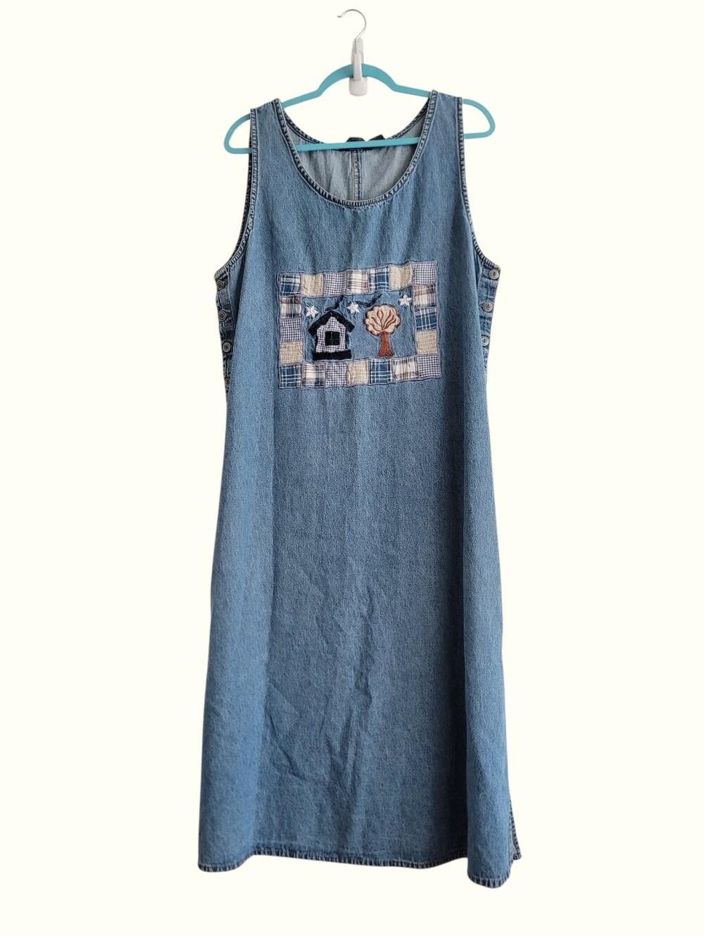 VTG Denim Jumper Dress 1X Maxi Farmhouse Country Agapo Petite Overall Sleeveless